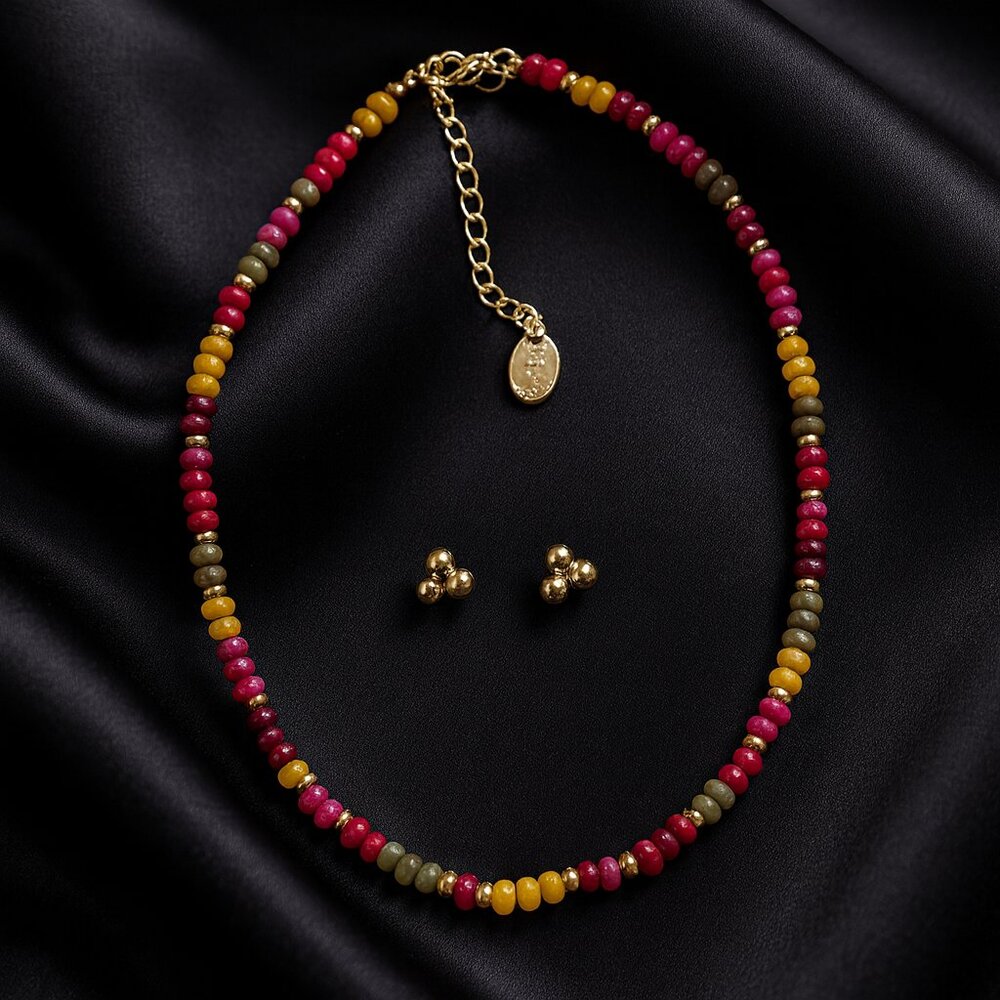 Multicolor Beaded Necklace Set – Gold Spacer Beads & Trio Stud Earrings